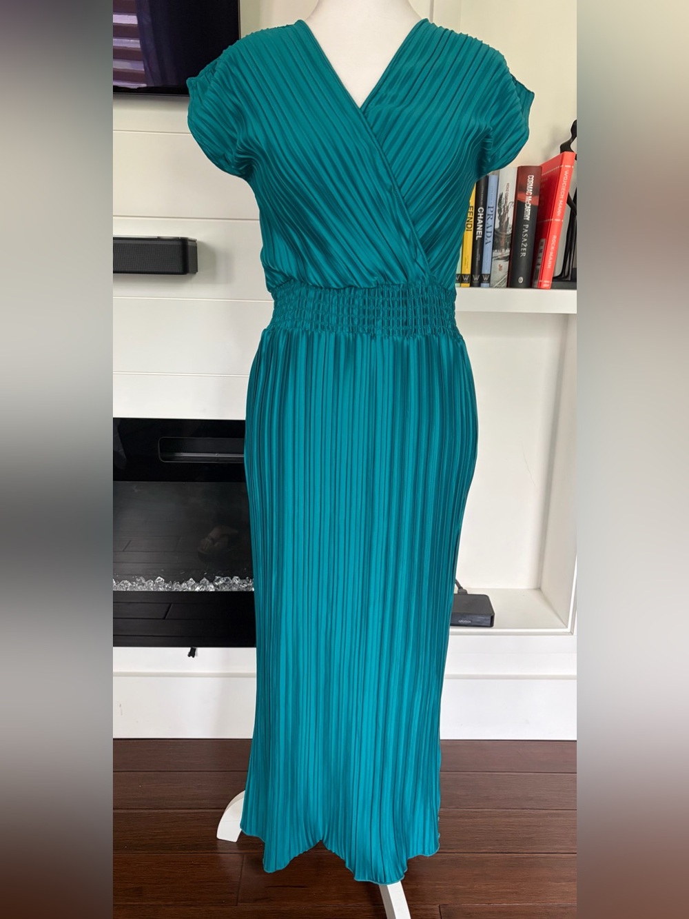 DKNY Teal Pleated Midi Dress with Smocked Waistband